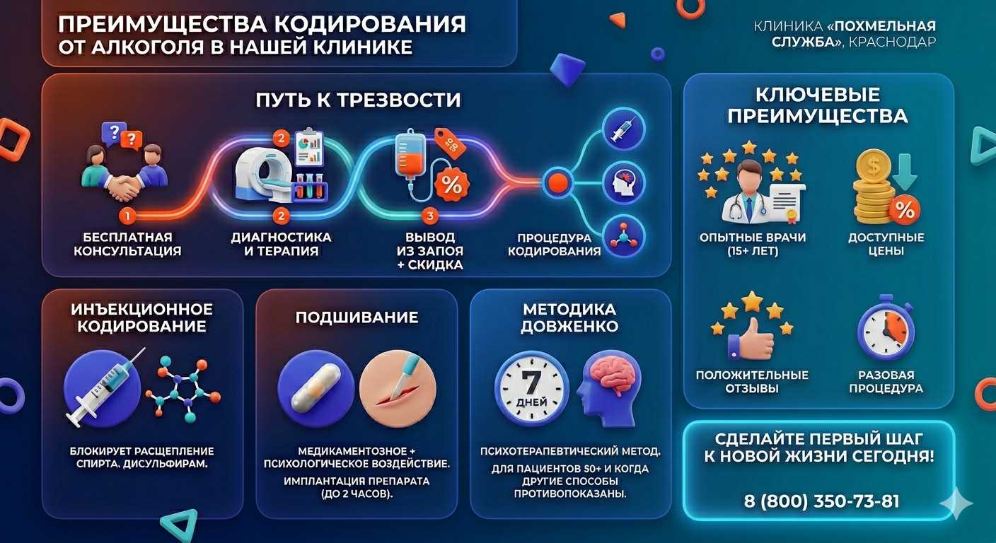 Инфографика о методах кодирования от алкоголя в Заводоуковске: инъекции, подшивание, метод Довженко. Преимущества клиники и этапы лечения.
