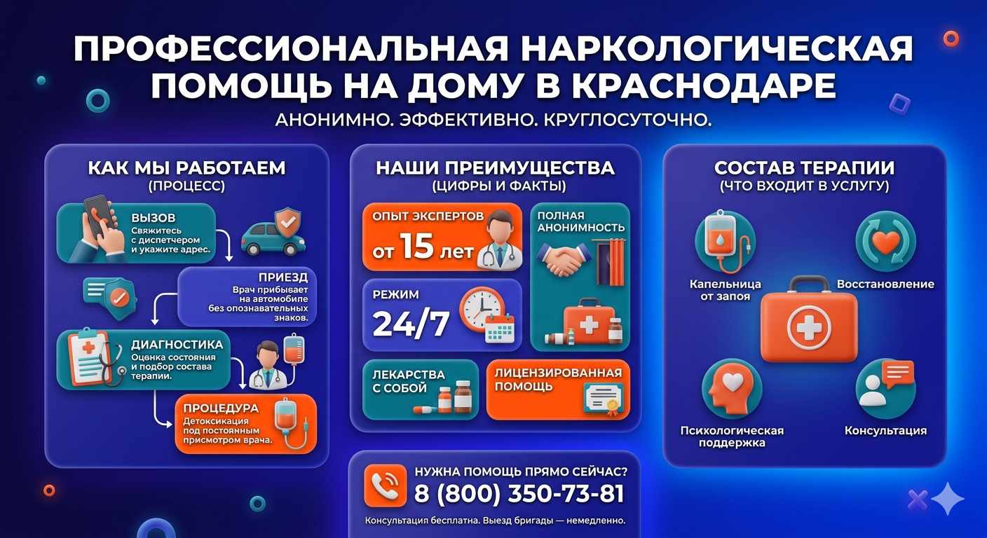 Инфографика о принципах лечения алкоголизма на дому в Заводоуковске: этапы вызова нарколога, преимущества анонимной детоксикации и состав медицинской помощи.